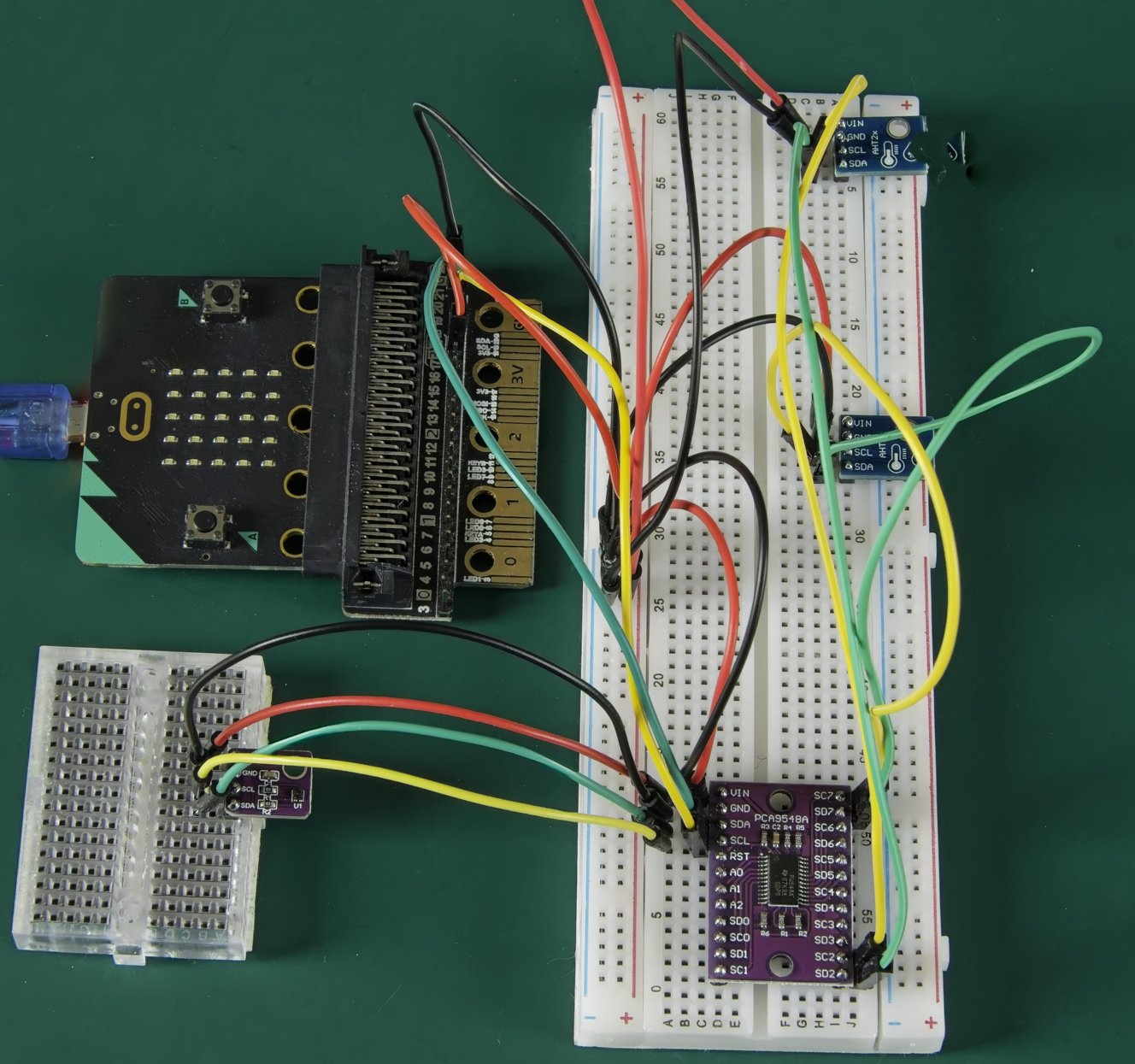 SHT40 sensor and TCA9548A I2C multiplexer with AHT21 and AHT20 sensors attached