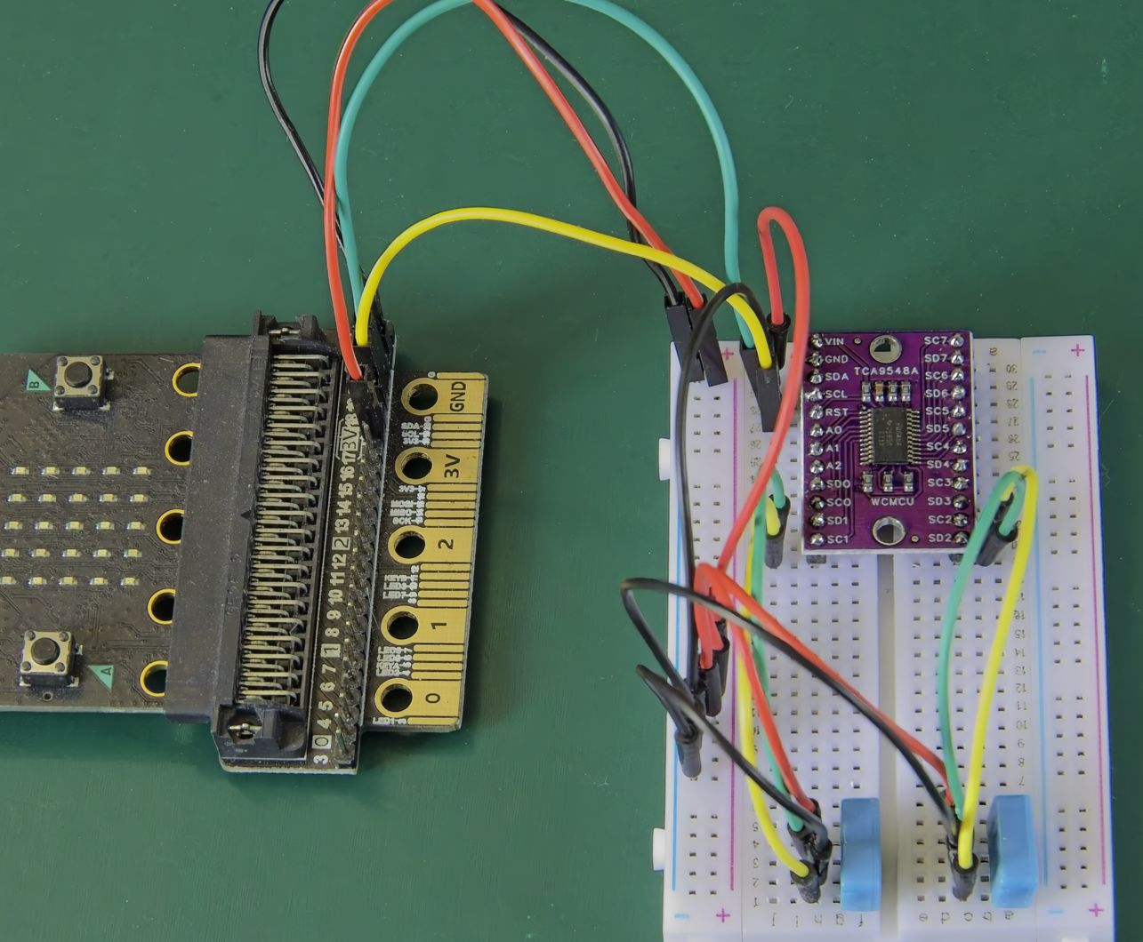 Project hookup with micro:bit, TCA9548A multiplexer and two DHT12 sensors