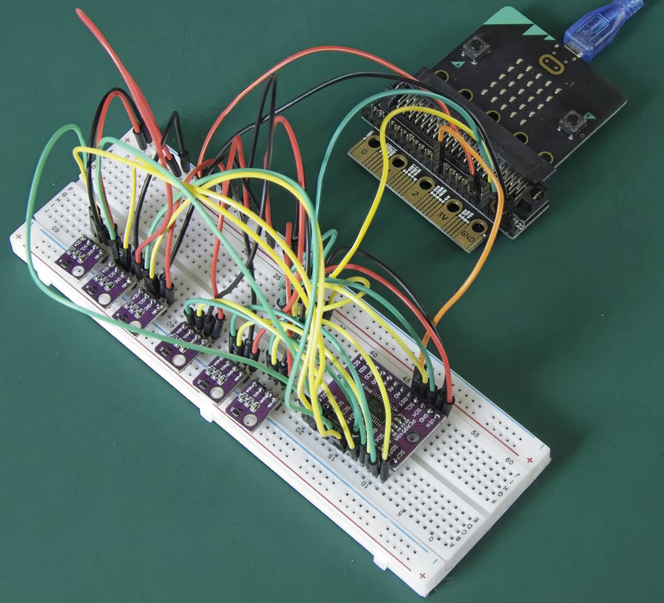 Six SHT4x sensors attached to the TCA9548A I2C multiplexer breakout board