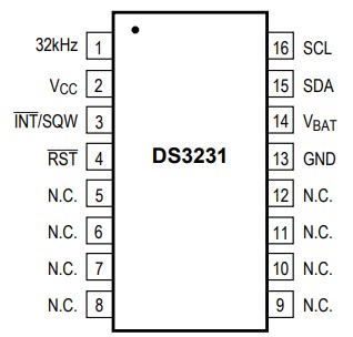 The DS3231 RTC chip pinout