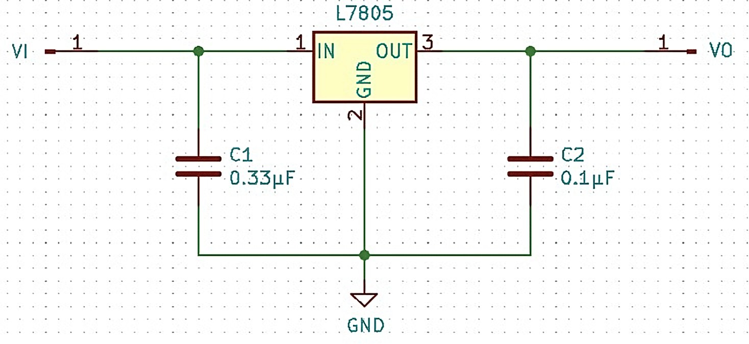 Circuit with voltage regulator L7805 including line filter capacitors on input and output power lines