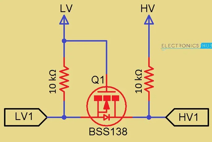 Circuit diagram of one channel from the BSS138 MOSFET logic level shifter breakout board