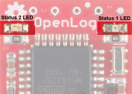 The two status LEDs on the OpenLog module