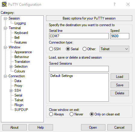 setting serial, serial port and baud rate in PuTTY