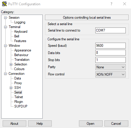 checking data bits, stop bits and parity settings are correct in PuTTY