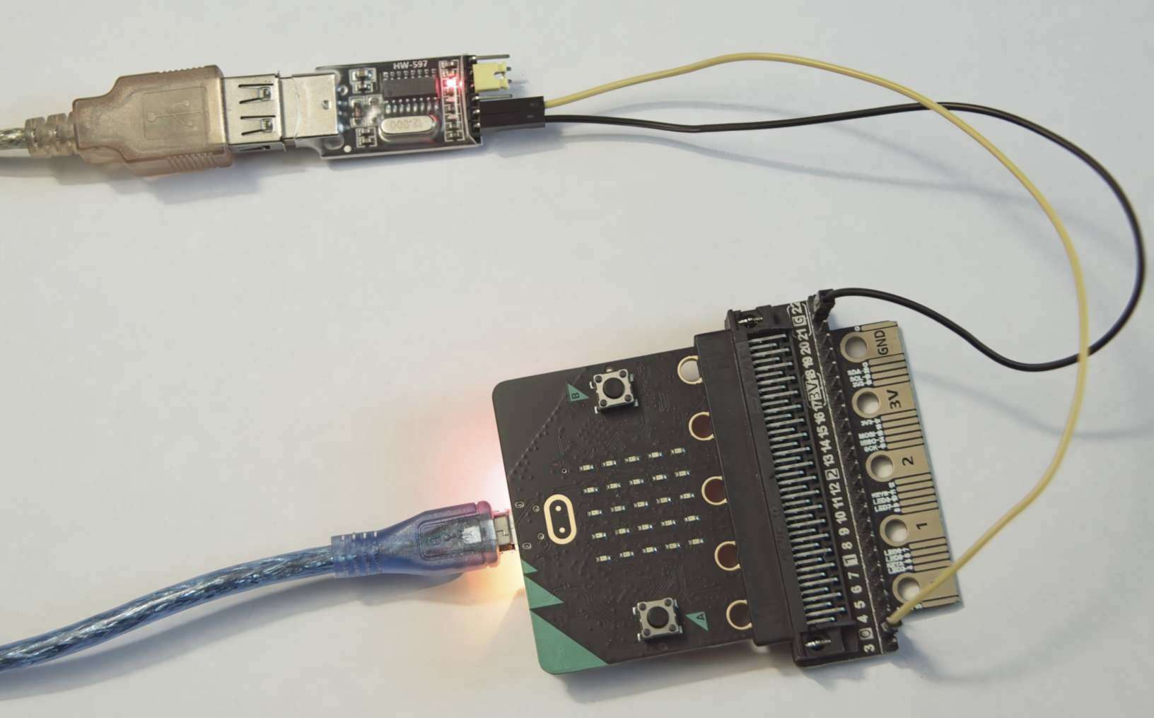 micro:bit and serial to USB adapter are wired ready for the MicroPython program